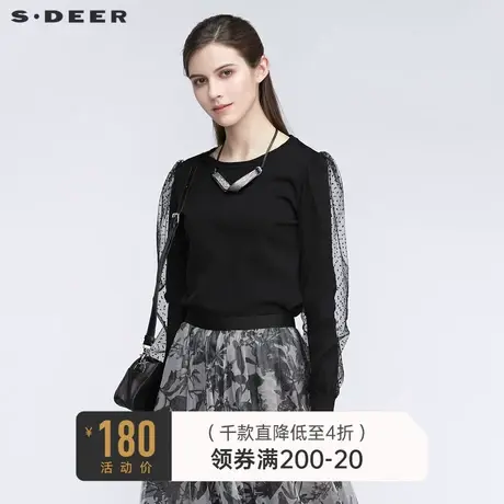 sdeer圣迪奥复古圆领网纱绒球拼接黑色针织衫女S21163508图片