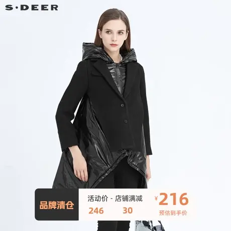 sdeer圣迪奥棉服女装高领连帽毛呢拼接宽松棉衣外套大衣S20482301图片