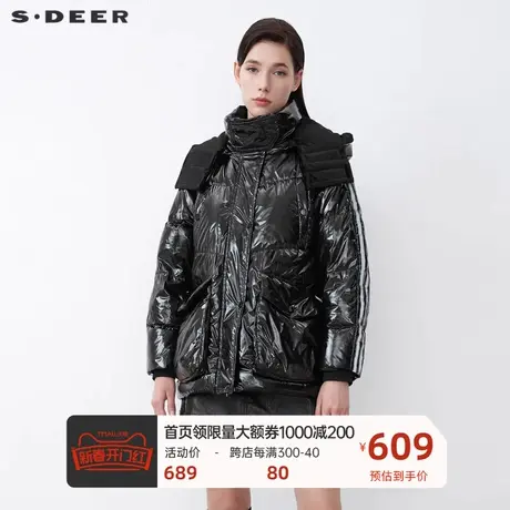 sdeer圣迪奥女装高领连帽罗纹拼接大口袋亮面羽绒服S21482443图片