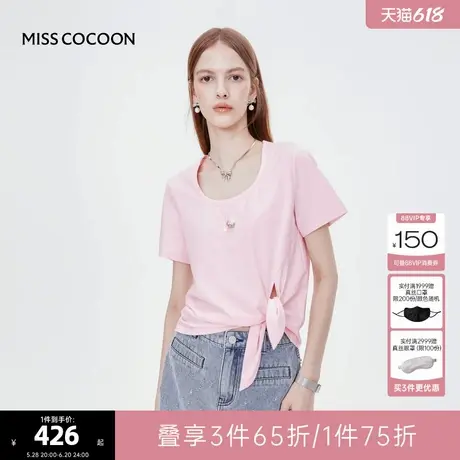 MISS COCOON可可尼粉色方领T恤上衣2025夏季新款兔耳系带设计短袖商品大图