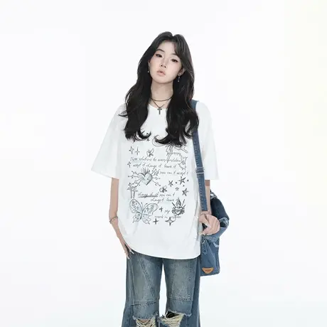 YEP复古印花T恤2025春夏新品ins潮牌宽松短袖百搭时尚潮流上衣图片