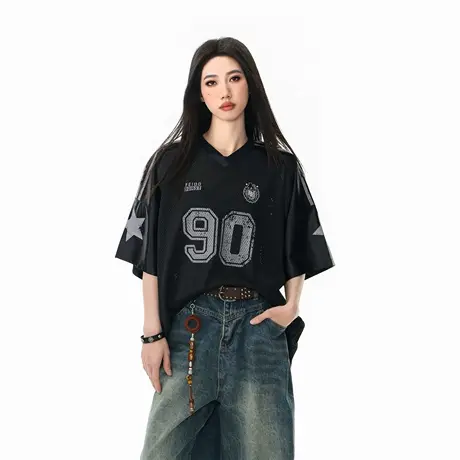 2025夏季新款网眼透气V领T恤短袖女泽西运动风宽松情侣款半袖上衣图片