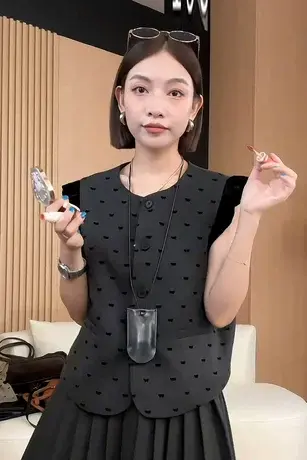 甜美撞色减龄拼接丝绒马甲上衣女秋季新款韩版印花蝴蝶结无袖坎肩商品大图