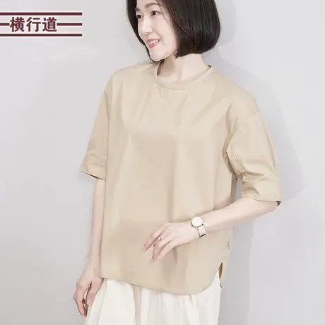 法式圆领衬衫短袖上衣休闲宽松小众纯色简约上衣套头衬衣夏季女装商品大图