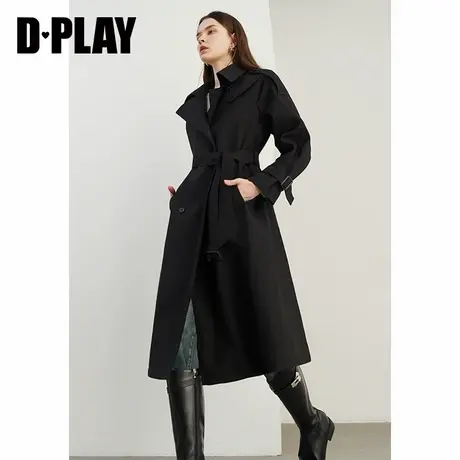 DPLAY秋装新款黑色风衣休闲小个子长款风衣外套女黑色大衣商品大图