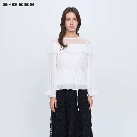 【直播间专属】sdeer圣迪奥复古圆领绣花荷叶边收腰衬衫S243Z0520商品大图