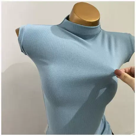 显高J！韩国新款半高领无袖背心女修身显瘦打底T恤上衣2021夏季商品大图