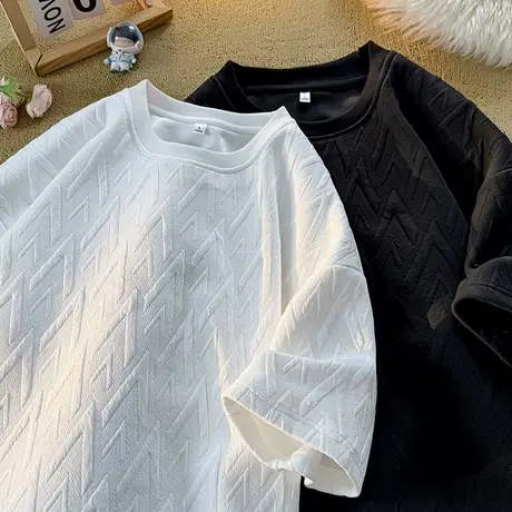 短袖T恤男夏季新款宽松体恤纯色提花圆领半袖美式休闲大码上衣服图片