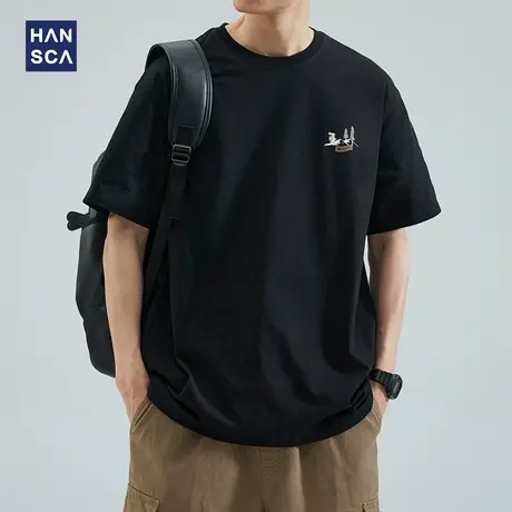 hansca 260g重磅短袖T恤男夏季纯棉黑色宽松潮流美式休闲大码上衣商品大图