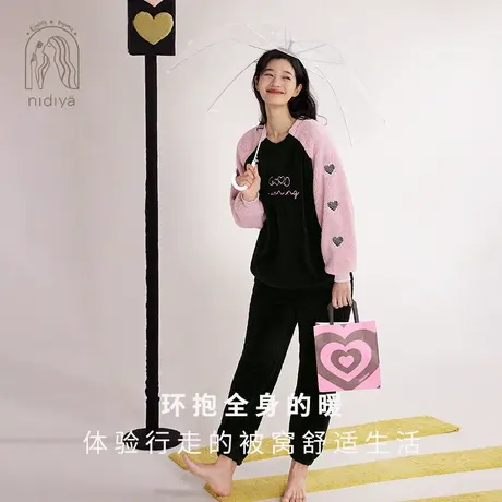 妮狄娅2023珊瑚绒睡衣女秋冬季加厚保暖套头休闲可外穿家居服套装商品大图