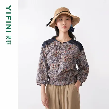 [专柜同款]Yifini/易菲全棉织造印花宽松短款艺术套头衫秋装新款商品大图