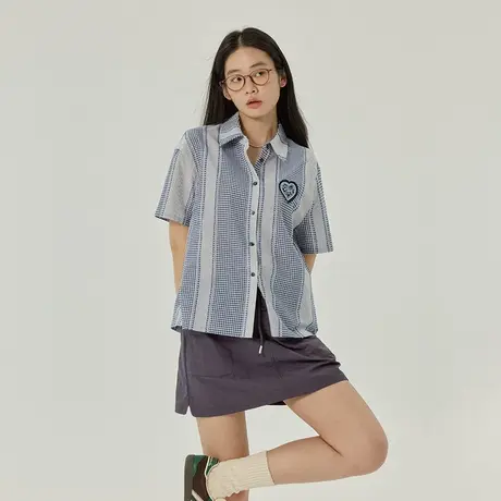 omont蛋挞家 复古短袖衬衫女春季新款爱心刺绣设计感衬衣上衣商品大图