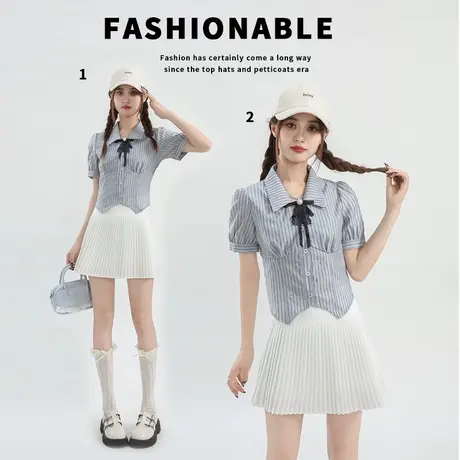 2025新款夏季学院风娃娃领短袖衬衫蝴蝶结韩系减龄洋气图片