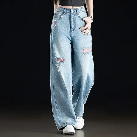 浅蓝色天丝破洞牛仔裤女2025新款夏季薄款阔腿裤宽松小个子直筒裤商品大图