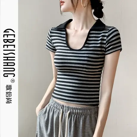 歌倍尚欧货翻领条纹短袖t恤女2025夏季复古纯棉修身洋气百搭上衣商品大图
