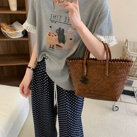 韩国2025夏季新款蕾丝花边短袖T恤女宽松百搭卡通印花圆领上衣潮图片