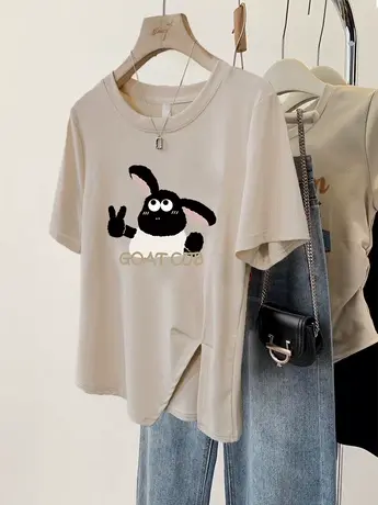 韩版夏季纯棉t恤女2024新款不规则开叉下摆ins潮短款大码短袖上衣商品大图