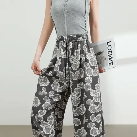 冰丝复古印花裤女夏季薄款高腰垂感宽松显瘦防晒休闲拖地阔腿裤子商品大图