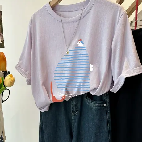 大码韩系洋气卡通凉爽透气雪花棉短袖女夏季宽松显瘦T恤百搭上衣商品大图