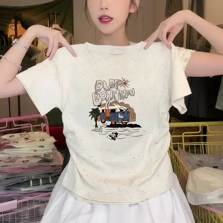 夏季新款彩虹波点褶皱收腰短款t恤女甜美风洋气减龄短袖高腰上衣图片