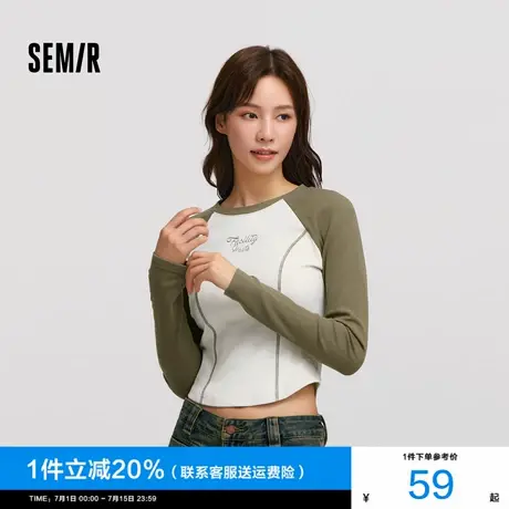 森马长袖T恤女短款紧身撞色插肩袖明线显瘦冬季印花圆领上衣复古图片