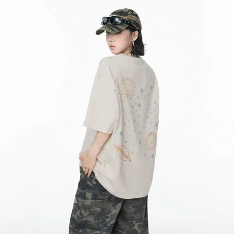 YEP夏季新款创意印花美式复古T恤女宽松圆领休闲百搭情侣半袖上衣图片