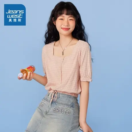 YD真维斯女装春秋季cleanfit格纹时尚潮流方领休闲风女装衬衫上衣图片