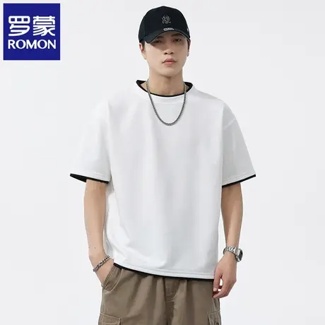罗蒙华夫格夏季纯色半袖男士T恤2025新款假两件百搭重磅打底衫N1Z商品大图