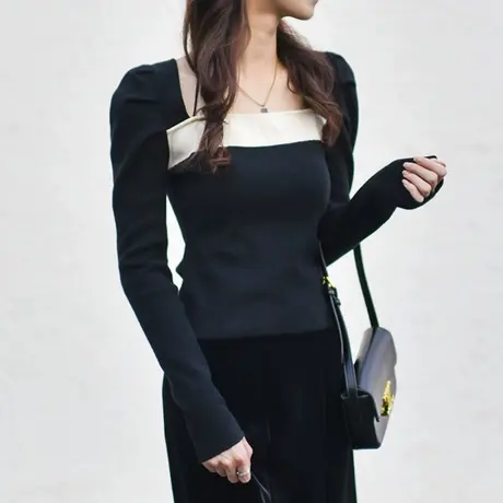 长袖针织衫女春季新款小众设计感修身内搭短款方领泡泡袖打底衫厚图片