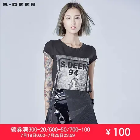 sdeer圣迪奥女装街头人物印花毛边短袖T恤S16280131图片