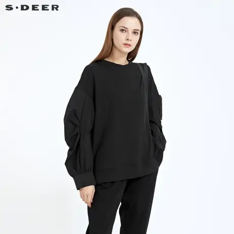sdeer圣迪奥2021新款个性圆领抽褶泡泡袖拼接宽松卫衣女S21162220图片