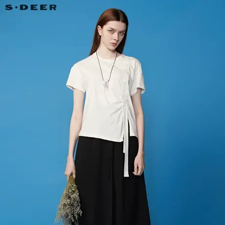 sdeer圣迪奥夏装圆领松紧原创拼接开衩飘带短袖女T恤潮S20260107图片
