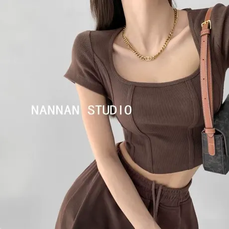 美式复古反线方领鱼骨短袖T恤女高腰修身显瘦短款露脐别致上衣潮商品大图