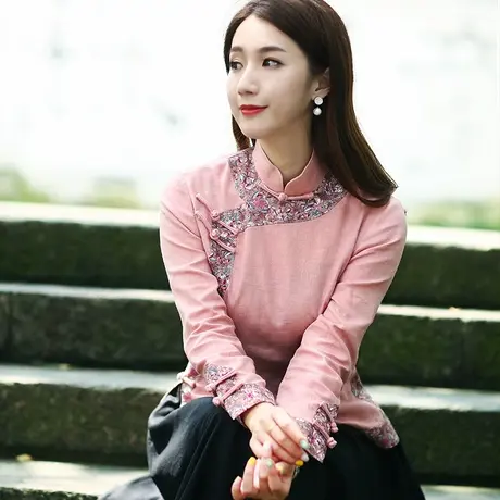 唐装女 中国风改良旗袍上衣粉色流行禅意文艺茶服民国风复古女装商品大图
