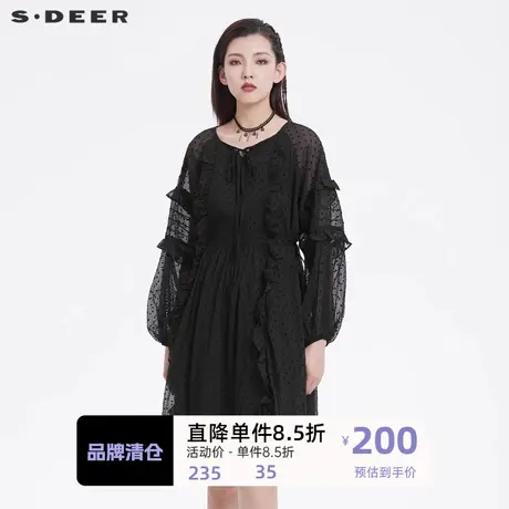 sdeer圣迪奥女装圆领波点抽褶不规则连衣裙S221Z1293商品大图