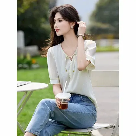 时尚气质衬衫2024年夏季新款女V领温柔百搭简约国风T短袖上衣商品大图