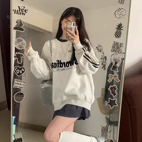 美式复古三条杠圆领卫衣女春秋季宽松设计感小众上衣无帽薄款外套图片