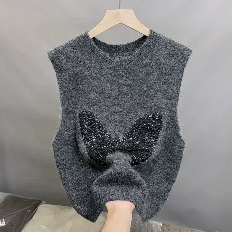 2025春装新款时尚圆领蝴蝶亮片针织马甲无袖背心坎肩宽松外套女商品大图