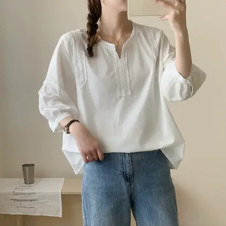 夏季韩版蕾丝花边纯棉V领七分袖衬衫女韩范时尚休闲百搭中袖上衣图片