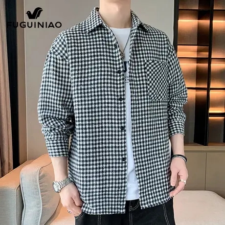 富贵鸟格子长袖衬衫男士秋季新款高级感宽松上衣休闲衬衣外套男装图片