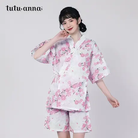 tutuanna睡衣女夏棉质透气樱花满印短袖短裤和服家居服套装睡裙女商品大图