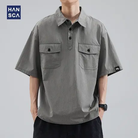 hansca夏季冰丝短袖衬衫男士polo衫薄款美式宽松半袖潮流工装衬衣商品大图