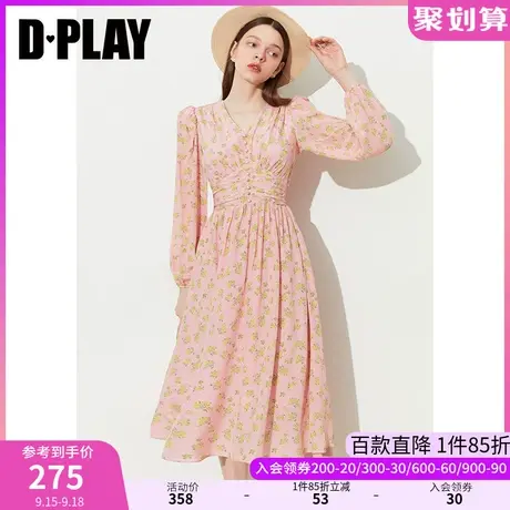 DPLAY2023新法式收腰V领粉调黄花捏褶印花连衣裙度假裙野餐裙图片