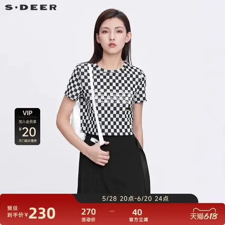 sdeer圣迪奥女装个性圆领格纹字母修身短款T恤S22280174图片