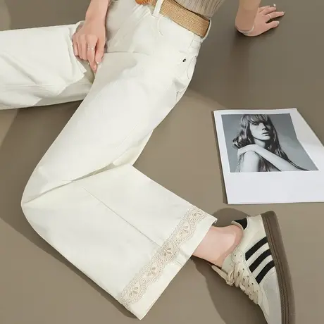 蕾丝拼接纯棉阔腿牛仔裤女夏季薄款高腰宽松小个子九分垂感直筒裤商品大图
