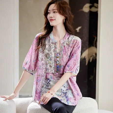 宝诗黎V领烫钻印花衬衫女2025夏季时尚气质波西米亚风大码雪纺衫图片
