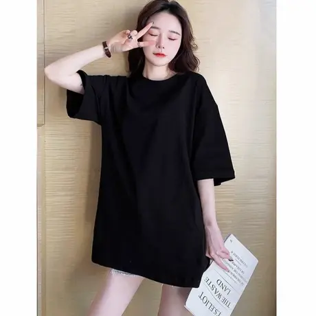 黑色夏季宽松短袖t恤女2025年新款遮屁股大码失踪中长款百搭上衣商品大图