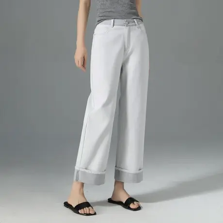 灰白色翻边直筒牛仔裤女2025新款夏薄款小个子裤子高腰显瘦烟管裤商品大图