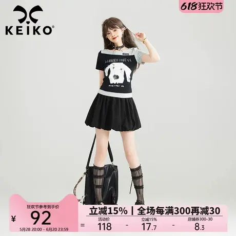KEIKO 复古美式小狗印花短袖T恤女夏季拼色显瘦凉感棉质短款上衣商品大图