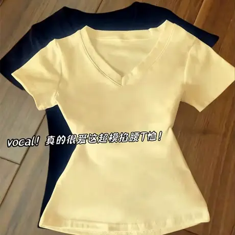 辣妹紧身收腰短袖T恤女夏季修身韩版打底衫内搭V领正肩半袖上衣服商品大图